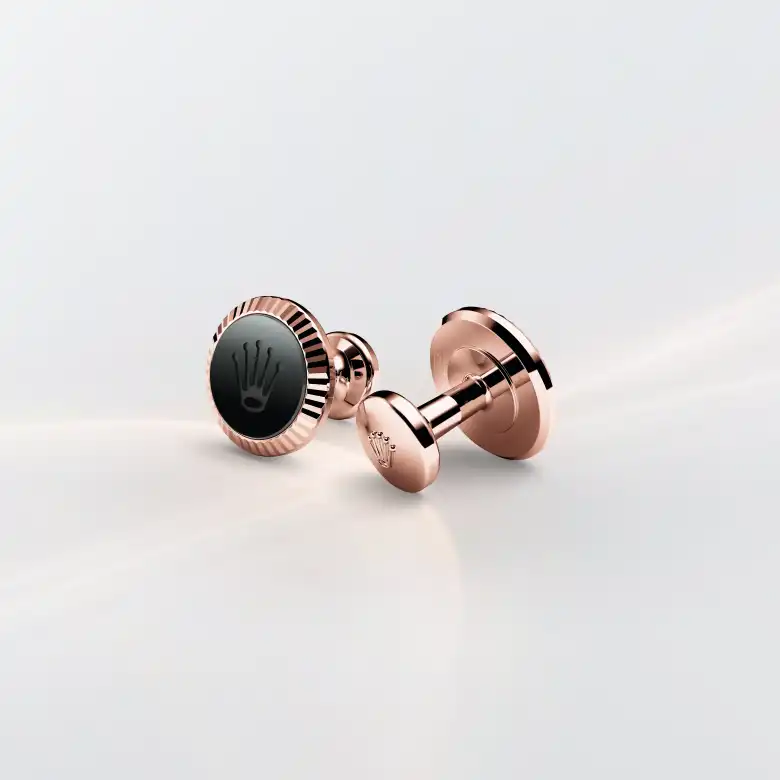 Rolex ‘Fluted’ cufflinks in Everose gold and ceramic, a1035 at Watch Palace